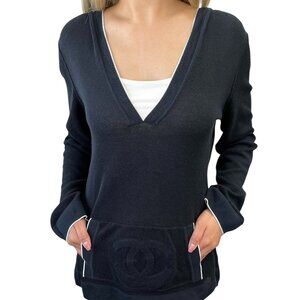 CHANEL Sport Vintage 09P CC Logo Knit Top #42 Hoodie Dark Blue Silver [105272]